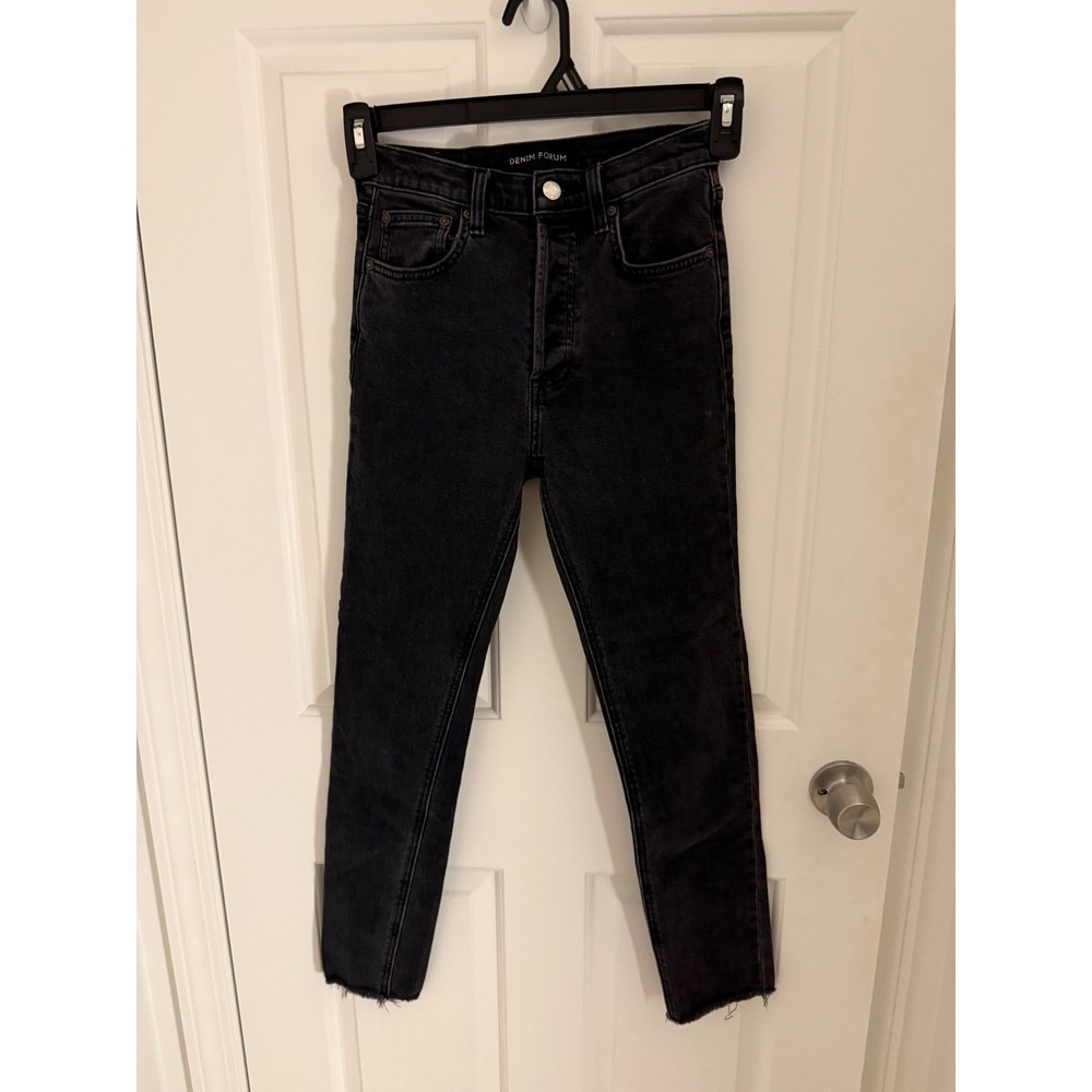 Denim Forum Womens High Rise Skinny Jeans Faded Black Raw Hem Button Fly 24